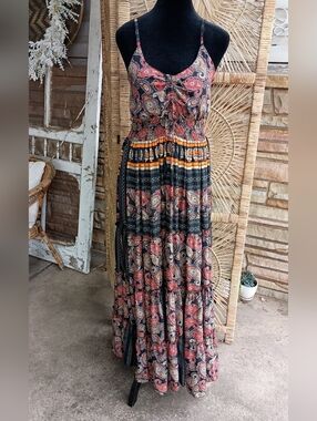 Me 2 Magic Boho Paisley Maxi Satiny Feel Dress with Adjustable Tie_M